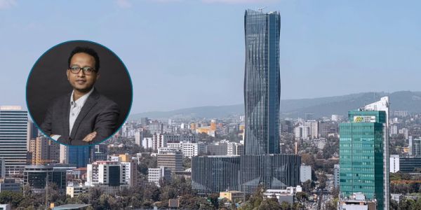 A skyline of Addis Ababa with a headshot of Dr Yilma on the top in a circle frame.