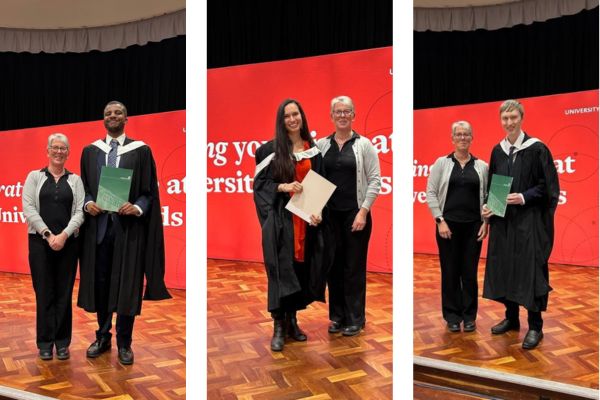 Three images side by side showing Reuben Johnson, Alisha Ault and Kaynan Johnson stood next to Professor Karen Throsby after receiving their certificates. 