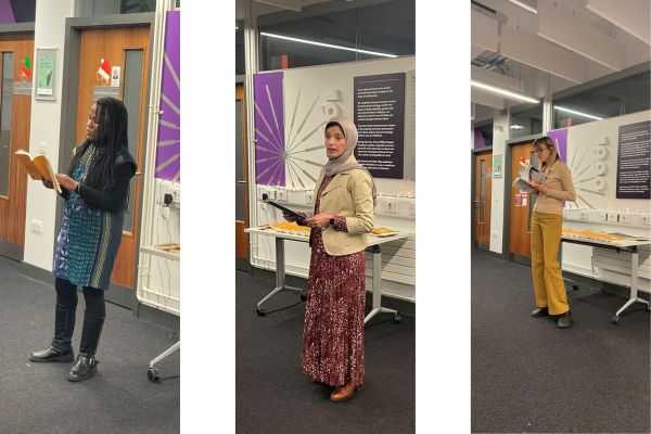 Three separate images show three speakers delivering their readings during the magazine launch. From left to right, the speakers shown are Temitayo Olofinlua, Dr Khawla Badwan and Daniela Nicolaescu.