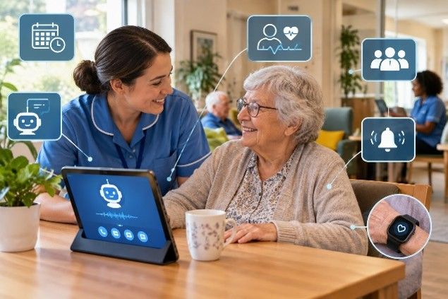 An older person sits with a healthcare worker and an ipad at a table. Small images of diaries and alerts and messaging systems surround them.