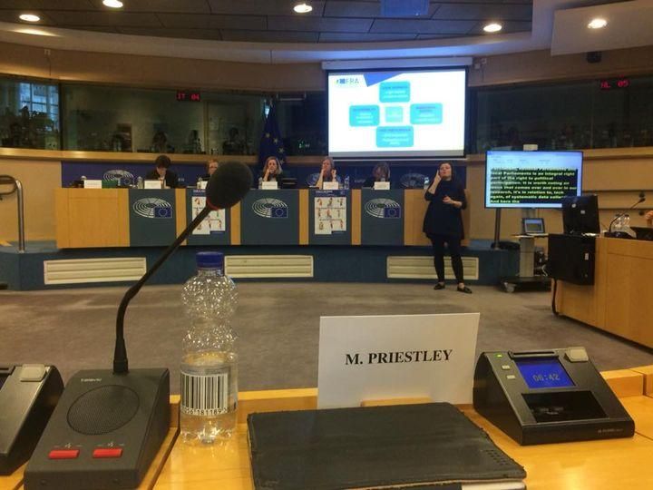 Mark Priestley presents evidence to a European Parliament Committee room