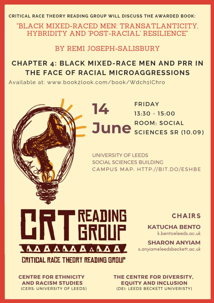A poster for the event, featuring all the information included in the text in this event listing. The poster has a cream background, red border, and features an illustrated graphic of a megaphone in a light bulb (brown and orange), above the words "CRT Reading Group" also illustrated in brown and orange. 