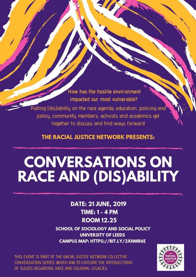Poster with all the information included in this event listing. The poster has a purple background with a pattern of yellow, white and pink swishes at the top. The text of the poster is in white, yellow and pink. The Racial Justice Network logo is in the bottom right corner.