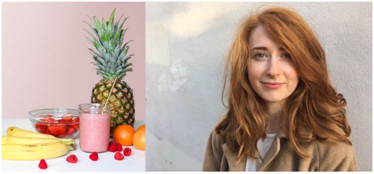 Photo of fruit next to photo of Rachel O'Neill