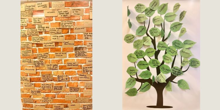 Two posters, one a brick wall with lots of brick sticky notes representing barriers people have faced, with a poster of a tree to the right with leaf-shaped notecards representing untapped strengths.