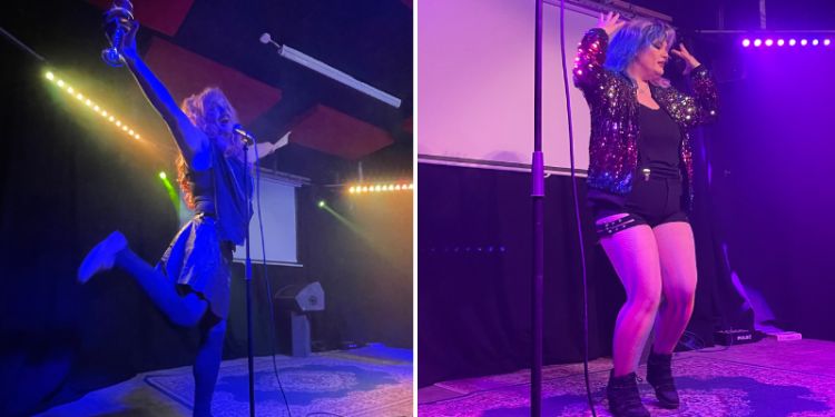 Left, Alice Aforethought jumping with glee whilst holding a glass of wine. Right, Fox Populi performing a medley about bi-erasure. 
