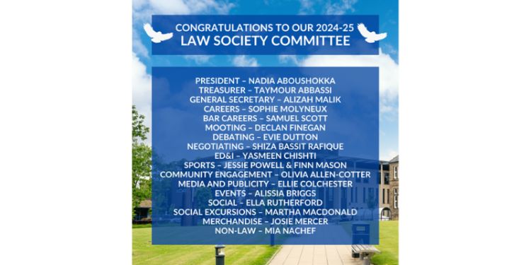 An image introducing the names of the new lawsoc executive committee for the 2024/2025 academic year.