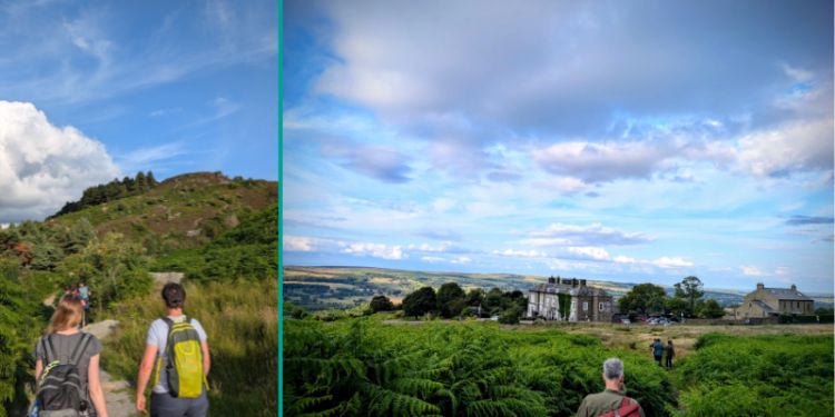 Snapshots of a group hiking on Ilkley moor