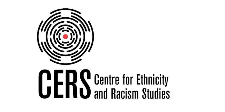 Graphic image of black round lines forming partial circles, like a maze, with a red dot in the centre, like a target. Beneath the image is written CERS in large letters, with &#039;Centre for Ethnicity and Racism Studies&#039; to the right.