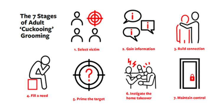 Infographic 'The 7 stages of Adult 'Cuckooing' Grooming. 1. Select victim. 2. Gain information. 3. Build connection. 4. Fill a need. 5. Prime the target. 6. Instigate the home takeover. 7. Maintain control. 