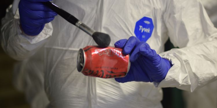 A junior detective brushes evidence for clues 