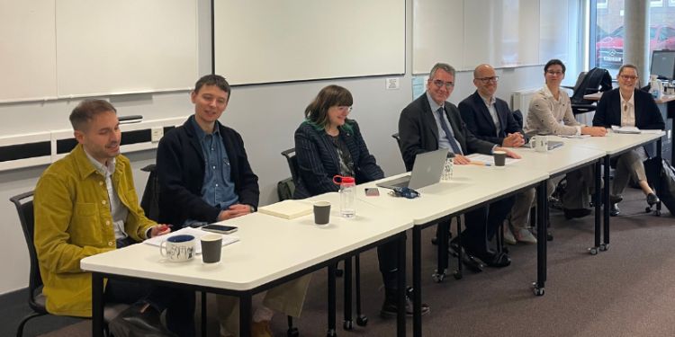 L-R, Prof Trispiotis, Dr Meakin, Dr Tongue, Justice Ktistakis, Dr Wallace, Erika Moranduzzo, Dr Bendel.