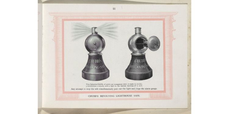 An old magazine advert advertising Chubb's revolving lighthouse safe.