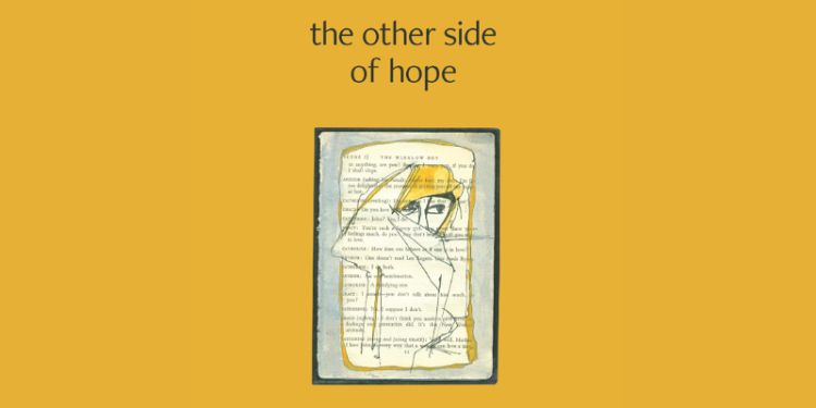 Text: "the other side of hope".
Image: pen and watercolour sketch of a person, face part concealed, eyes wide, drawn over a printed playscript. 
All monochrome with yellow colour pop against mustard yellow background.