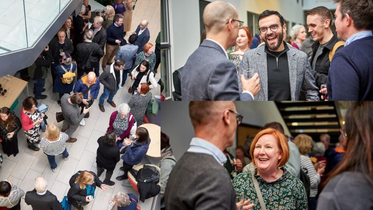 Three photographs of the drinks reception after Professor Greenhalgh's Inaugural Lecture