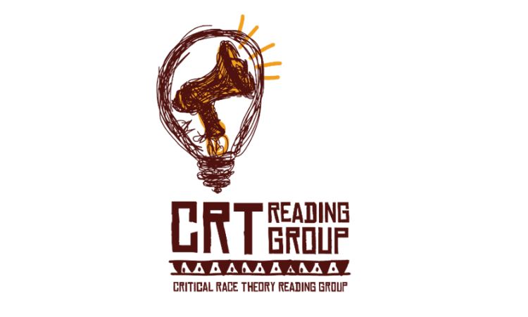 CRT Reading Group Logo which, alongside those words, includes an illustration of a megaphone in a light bulb (drawn in brown and dark yellow), with an illustrated pattern and "Critical Race Theory Reading Group" in brown.