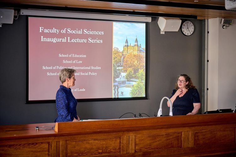 Photograph of Head of the School of Education, Professor Vanessa Kind, and Professor Tracey during the Q&A session.