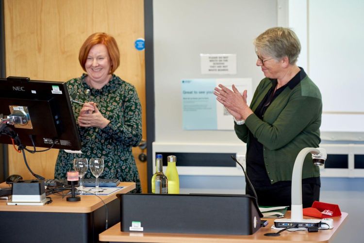 Professor Joanne Greenhalgh (left) being introduced by head of the School of Sociology and Social Policy, Professor Karen Throsby (right).