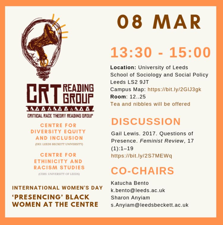 Poster for the reading group meeting, with all information and the CRT Reading Group Logo. Colour scheme brown and dark yellows/light oranges.