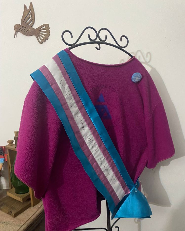 A bright pink textile garment displayed on a hanger, featuring a blue and pink sash with handwritten text draped across it, and a small circular badge on the chest. A decorative metal stand and a wooden hummingbird ornament are visible in the background.