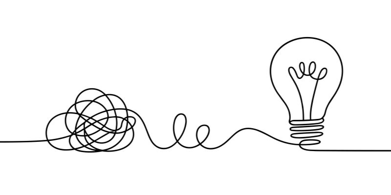 Illustration of a tangled string becoming a lightbulb