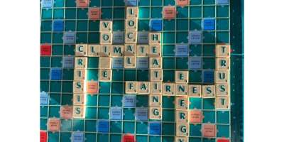 Scrabble board filled with words related to climate.